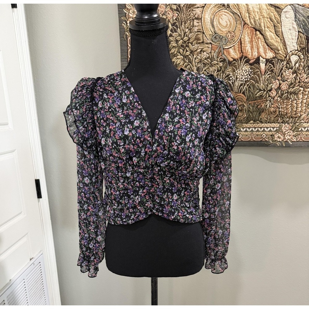 Zara Blouse Womens Medium Black Multicolor Floral V Neck Puff Sleeve Crop Top